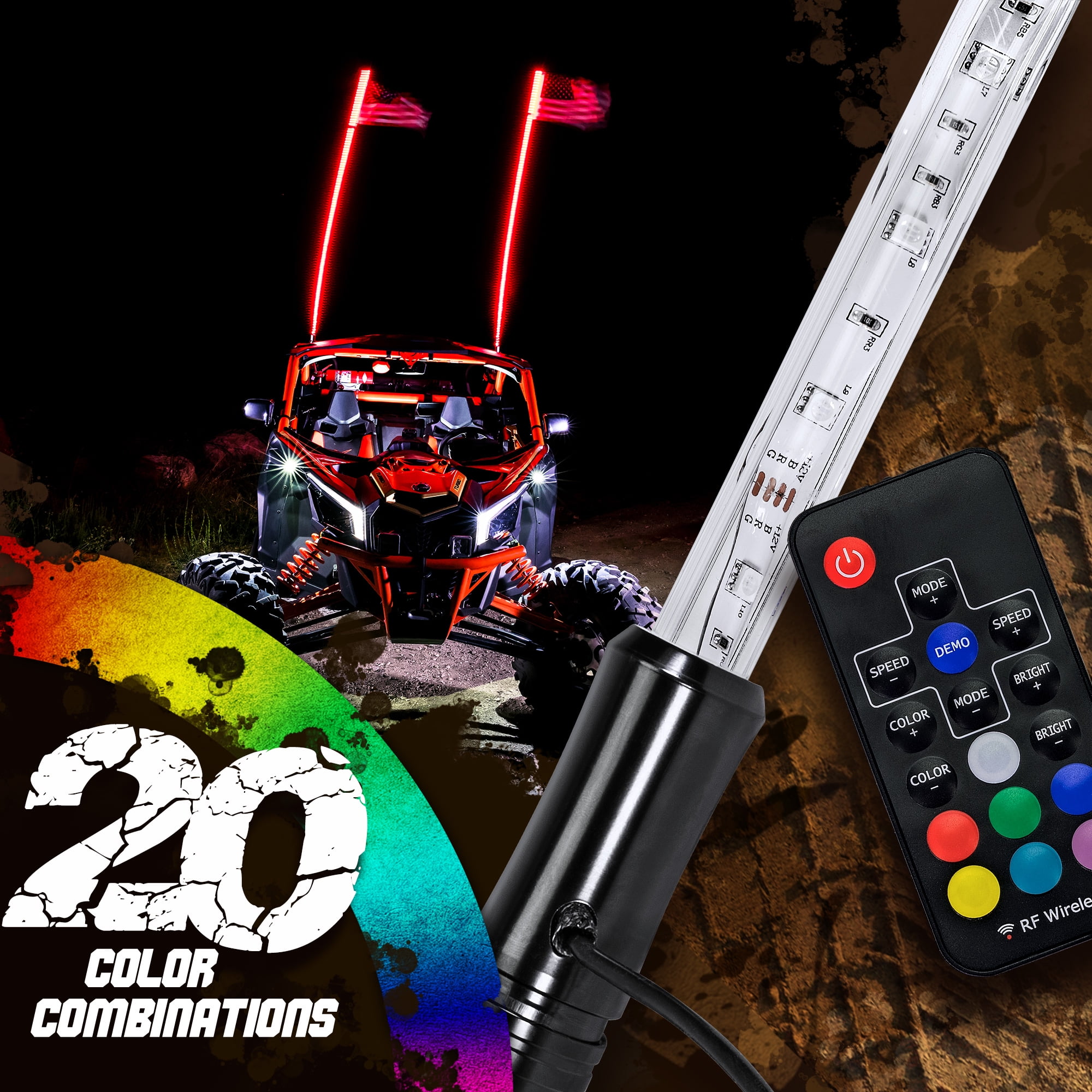 5ft LED Whip Lights w/ Flag [21 Modes] [20 Colors] [Wireless Remote