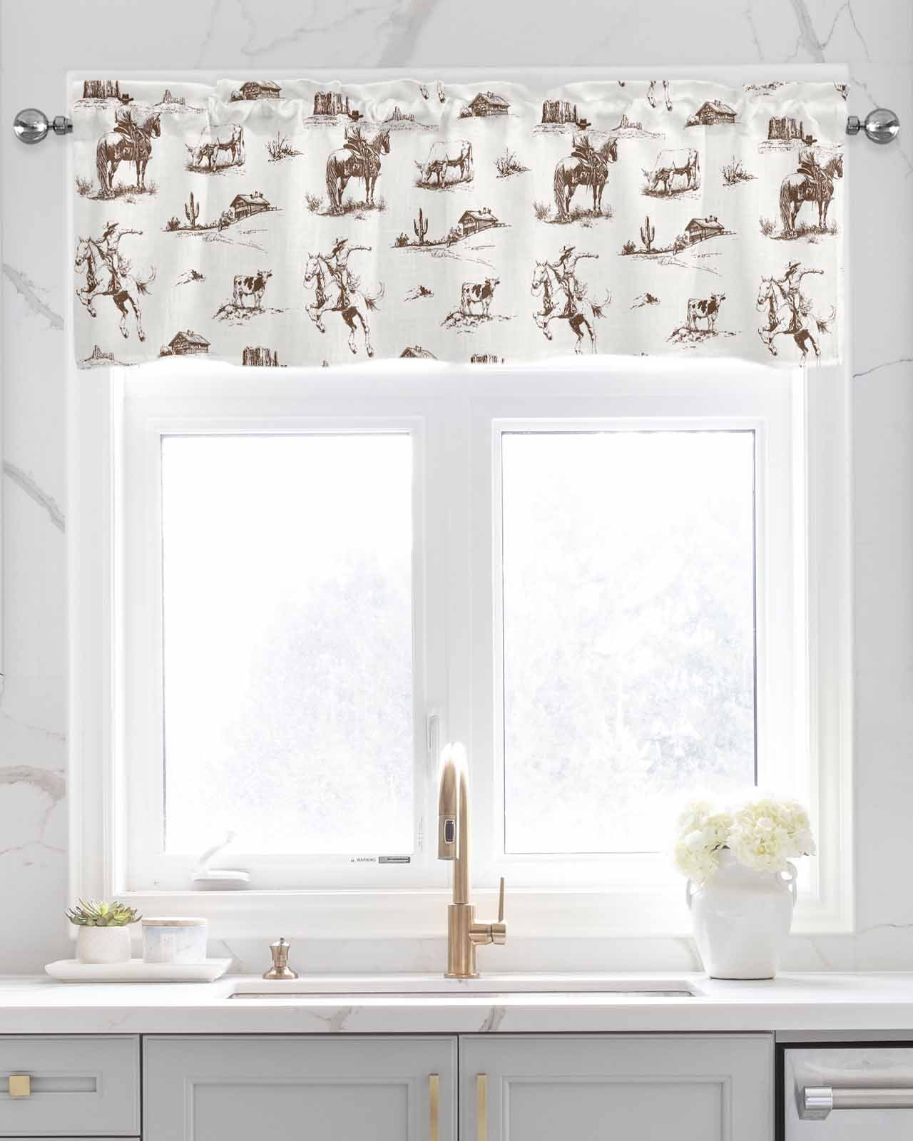 Vintage Western Kitchen Valances for Windows Farmhouse Linen Window Valance Curtain for Living Room Window Treatment Retro Art Horse Cowboy Farmhouse Valance Rod Pocket Topper Drape, 54 x 18 Inch