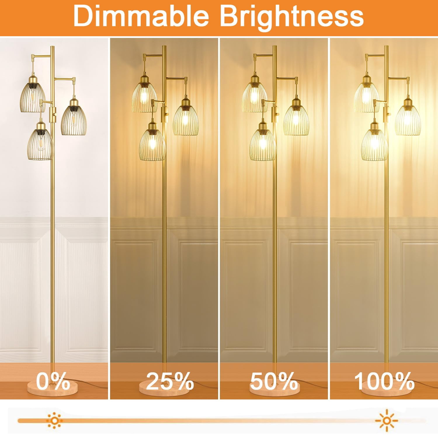Dimmable Floor Lamps For Living Room  Industrial Standing Lamp With Marble Base Tree Tall Pole Light 3 Elegant Teardrop Cage Head & 800 Lumens Led Bulbs Bedroom Office