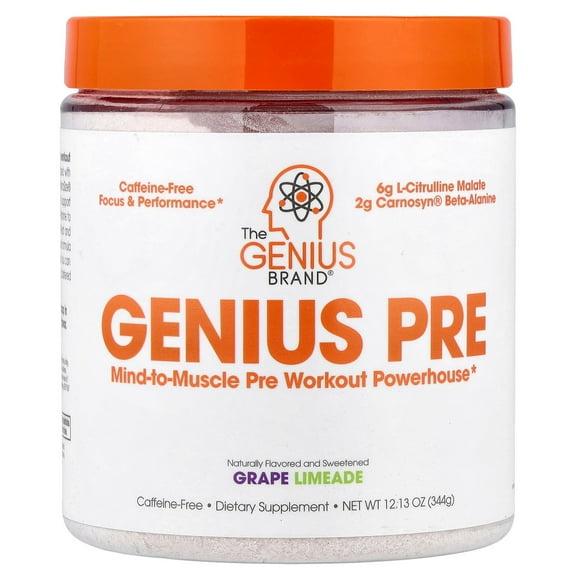 Pre-Workout Natural Energy Supplement Caffeine-free Nootropic Focus & Muscle Building Support, Grape Limeade, Genius Pre by the Genius Brand