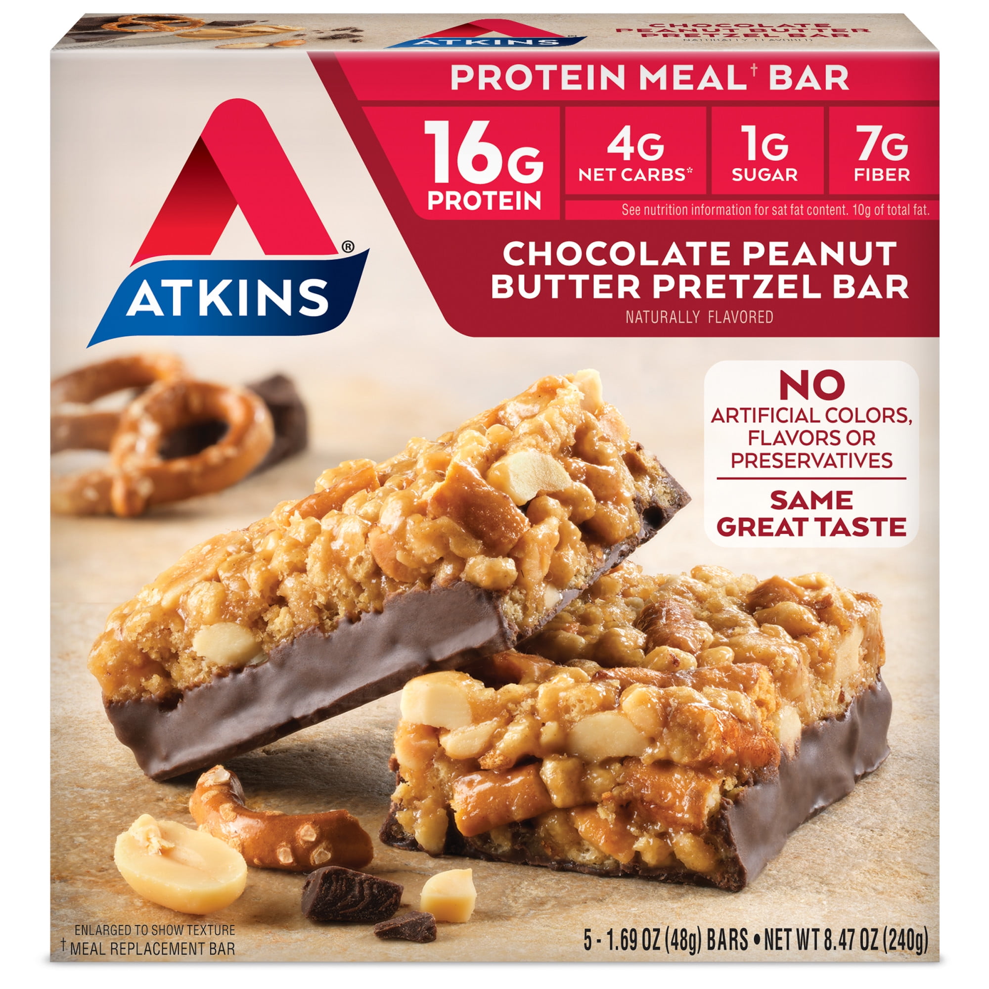 Atkins Chocolate Peanut Butter Pretzel Bar, 5 Bars, 1.69 oz (48 g), 5 Count