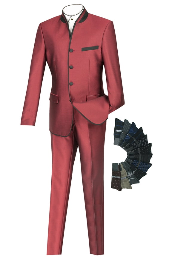 Slim Fit Mandarin Banded Collar Nehru Trimmed Suit w/1 Pair Socks - Wine 38L