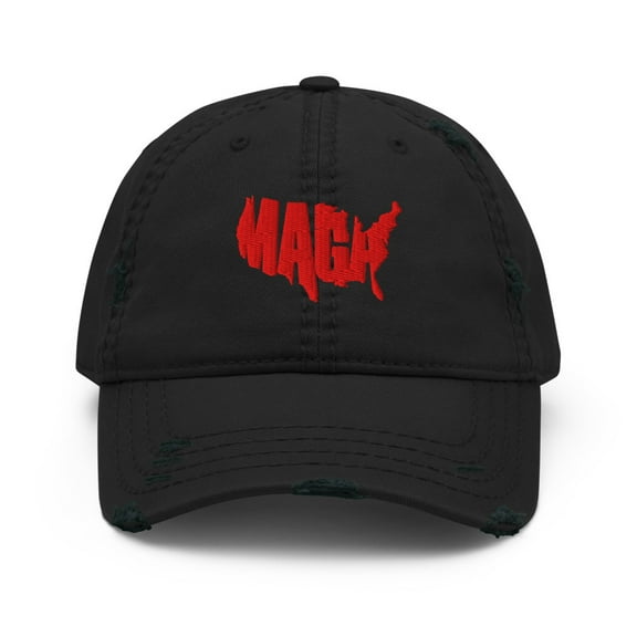 MAGA USA Map Embroidered Distressed Dad Hat Red (Black)