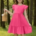 thumbnail image 4 of Spazoro Toddler Girls A-Line Dress, Round Neck Casual Flutter Sleeve Solid Color Princess Dresses for Child Girls Hot Pink Size 9 T, 4 of 8