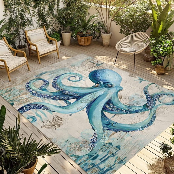 Teal Octopus Coastal Outdoor Rug for Patio/Deck/Porch, Non-Slip Large Area Rug 3 x 5 Ft, Vintage Summer Beach Nautical Indoor Outdoor Rugs Washable Area Rugs, Reversible Camping Rug Carpet Runner