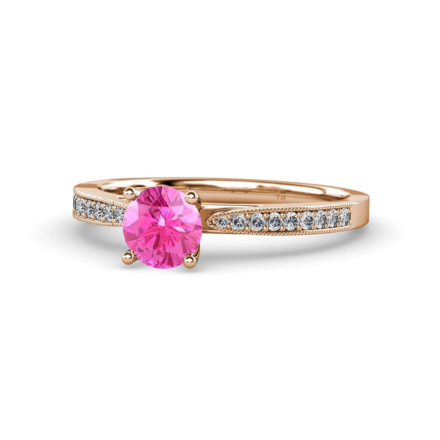 Pink Sapphire and Diamond Engagement Ring with Milgrain Work 1.13 cttw in 14K Rose Gold.size 8.5 by TriJewels