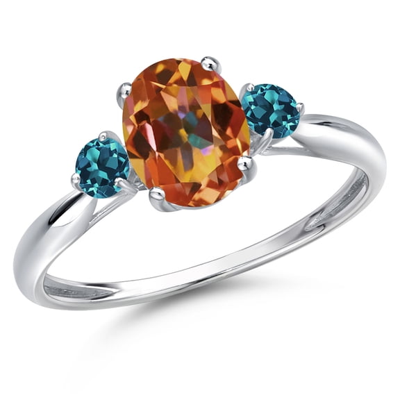 Gem Stone King 10K White Gold Ecstasy Mystic Topaz and London Blue Topaz 3-Stone Ring for Women | 1.76 Cttw | Oval 8X6MM | Gemstone November Birthstone | Size 9