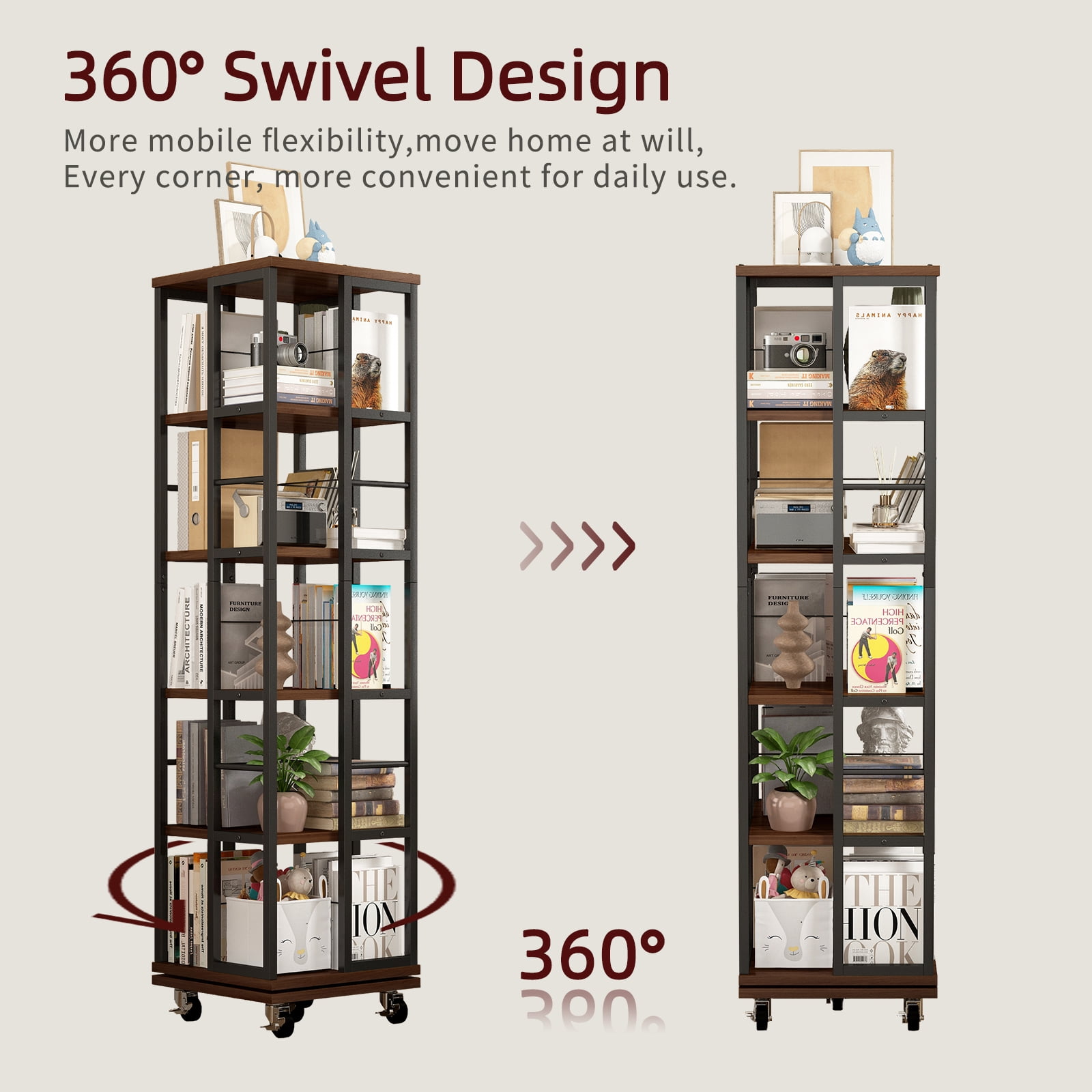 Display Shelves 5 Tiers Rotating Bookshelf, Corner Bookcase, 360 Display Wood Spinning Bookshelves, Floor Standing Bookcase Narrow Shelf, Rustic Brown,Wooden Display Shelves