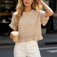 thumbnail image 7 of dazeni Summer Sweaters for Women Ruffle Flare Short Sleeve Knit Crochet Pullover Hollow out Oversized Crewneck Tops Khaki, 7 of 7