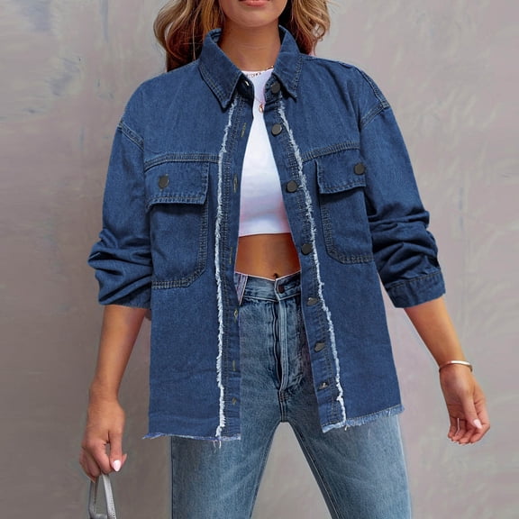 Wowcloth Women's Denim Jacket, Loose Fit Washed Lapel Collar for Casual Daily Wear
