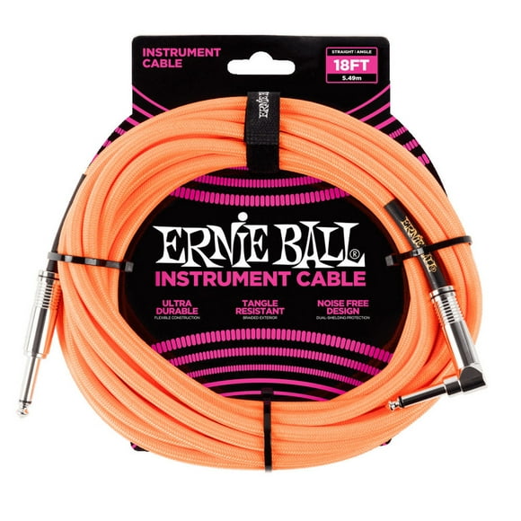 Ernie Ball Câble d'Instrument Tressé - Orange Fluo, Angle Droit/droit, 18'