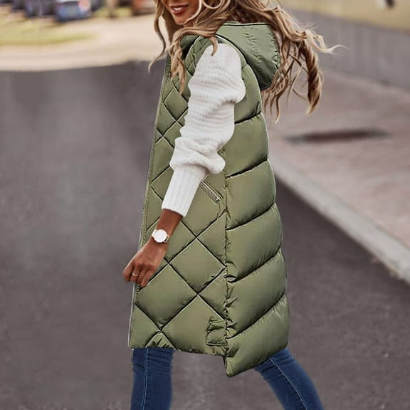 Black and Friday Clothing Sales Idoravan Long Vest for Women Sleeveless,Women Warm Pocket Hooded Coat Long Jacket Winter Sleeveless Down Parkas Army Green M