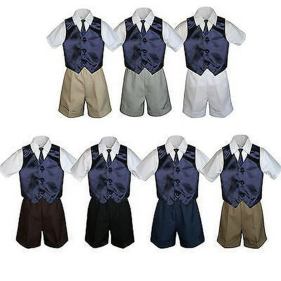 4pc Set Boy Toddler Formal Navy Vest and Necktie Black Navy Khaki Shorts S-4T