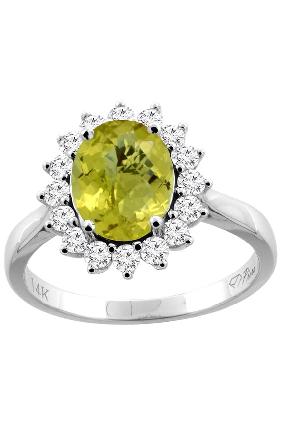 14K White Gold Natural Lemon Quartz Ring Oval 9x7 mm Diamond Accents, size 5.5
