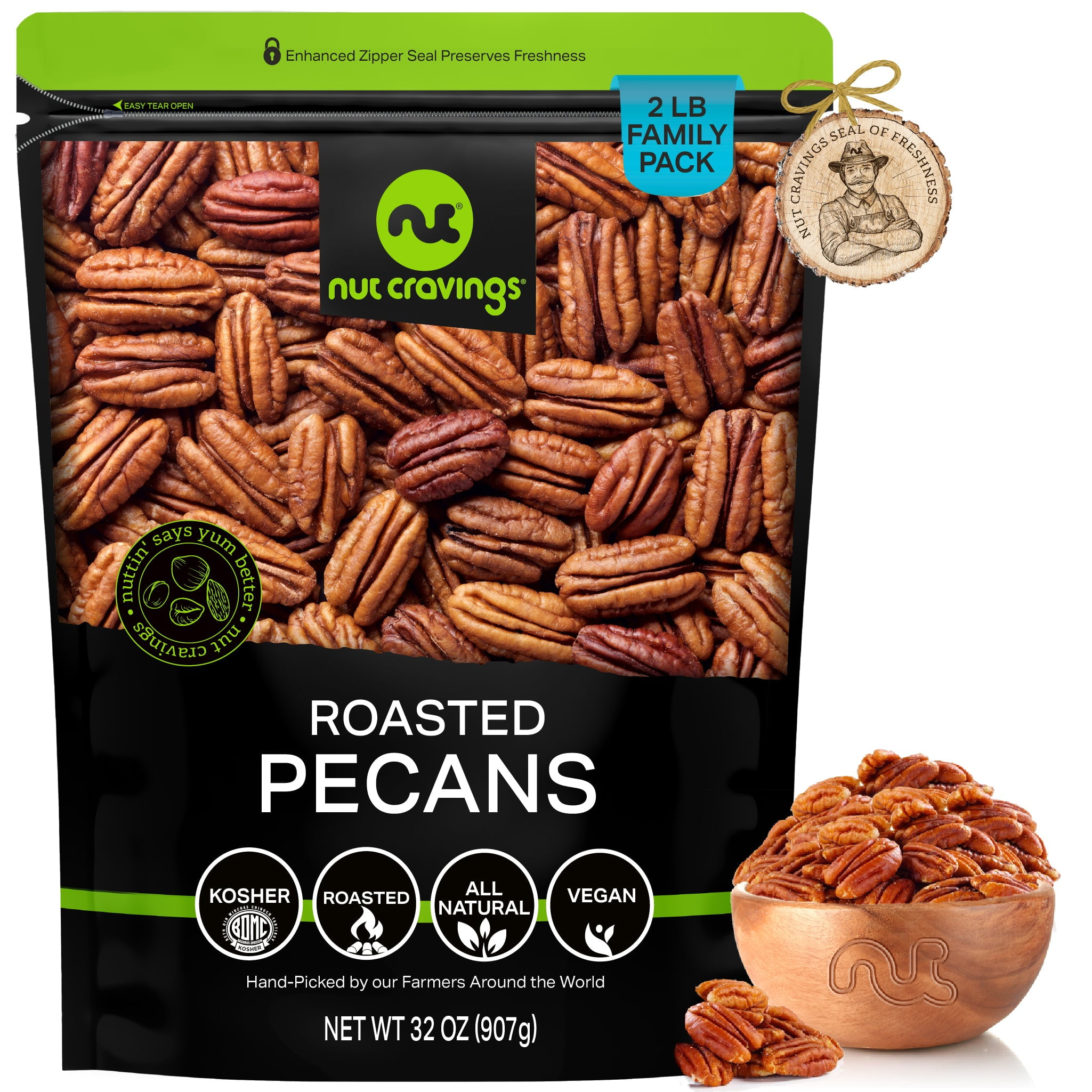 Pecans Halves, Roasted & Unsalted, Shelled (32oz 2 lbs) by Nut Cravings