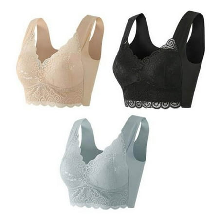 MIUOWANP 3PC Woman s Bras No Underwire Full Support Lace Pattern Tank Top Bra Optimal Push-Up Bra for Ultimate Charm (Gray+Black+Beige)L