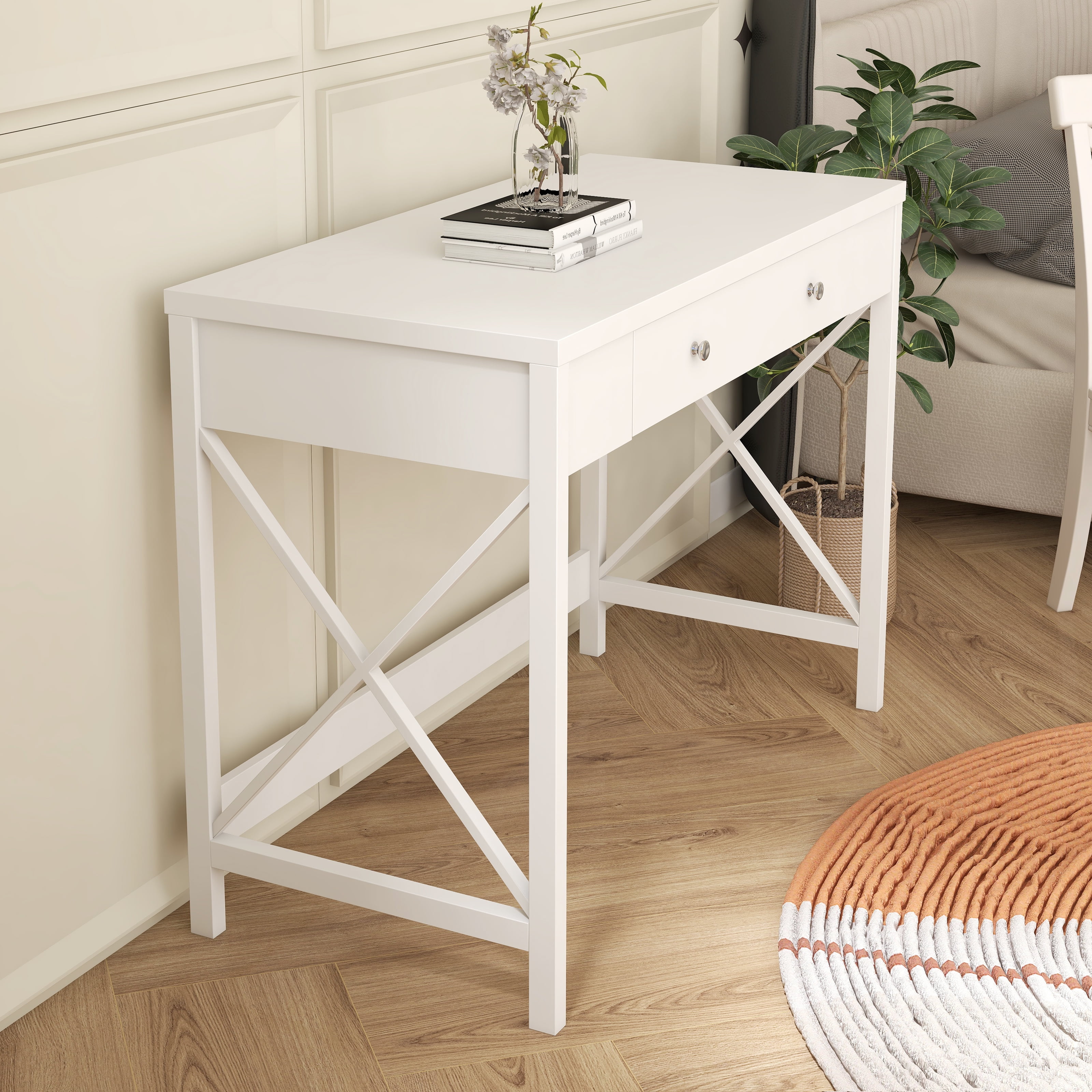 BTMWAY White Desk with Drawers, Modern Home Office Desk Small Writing Desk,  Bedroom Vanity Desk X Design Dressing Table, Wood Makeup Desk Accent Table