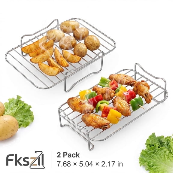 Fkszll Double Layer Air Fryer Rack with Skewers, 2 Pack 8x5 Inch Wire Holder for 8-10 Quart Large Oven