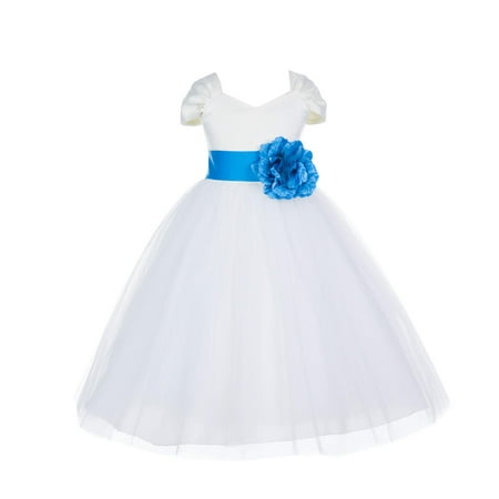Wedding Dress Cap - Ekidsbridal Formal Satin V-neck Cap Sleeves Ivory Tulle Flower Girl Dress Bridesmaid Wedding Pageant Toddler Recital Graduation Reception Ceremony Holiday Communion Birthday Baptism Occasions 154T
