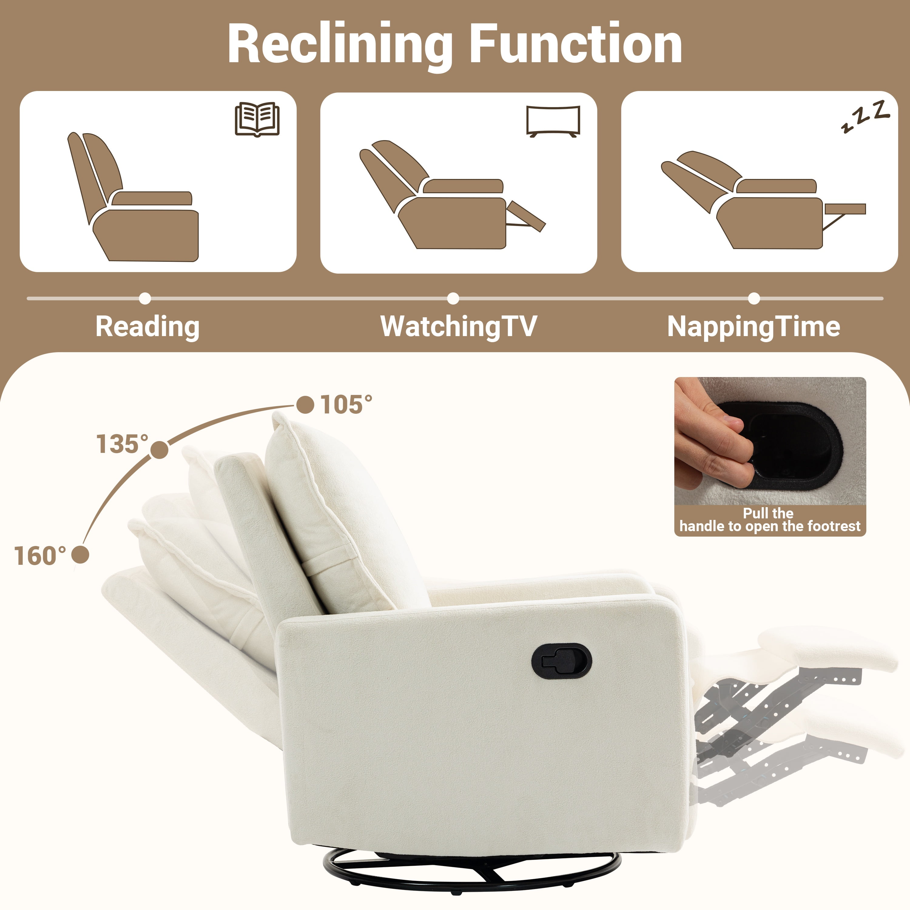 Paproos Swivel Rocker Recliner, Velvet 360°Swivel Rocking Recliner, Glider Rocking Chair for Nursery, Small Rocker Chair for Small Space, Manual Recliner for Adults for Home Theater, White