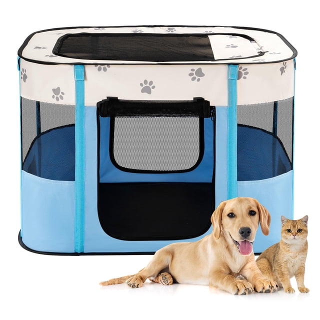 Corralito portátil para perros y gatos Avont plegable con piso - M Azul