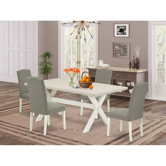 East West Furniture X-Style 5-piece Wood Dining Set in Linen White/Dark Shitake