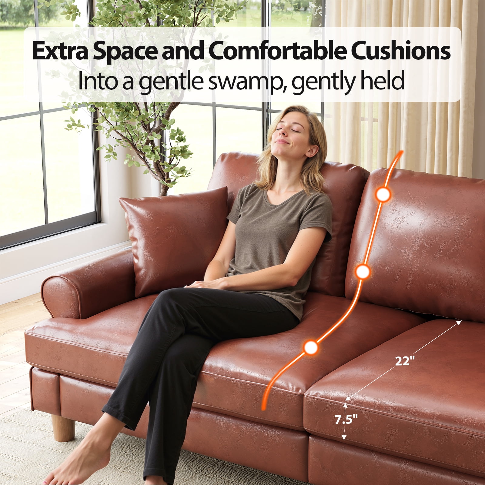87" Couch Premium PU Leather Sofa, Comfy Extra Deep Seat 3 Seater Couch for Living Room, with 2 Pillows, Brown