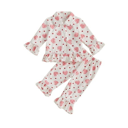 

ZINTAOZT Kids Baby Girls Valentine Pajamas Set Heart Print Long Sleeves Ruffle Shirt Pants Toddler Loungewear Sleepwear