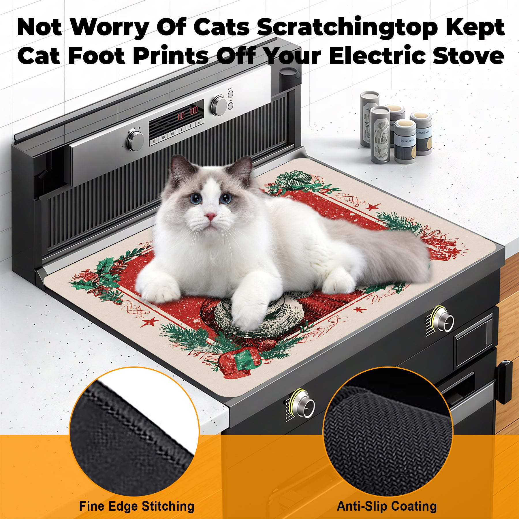 19.7x31.5inch Christmas Stove Cover, Non Slip Kitchen Mats for Floor Winter Stove Top Cover for Kitchen Decor Red Electric Stove Pad Xmas Party Non-Stick Gas Burners Covers Washable, 1Pc