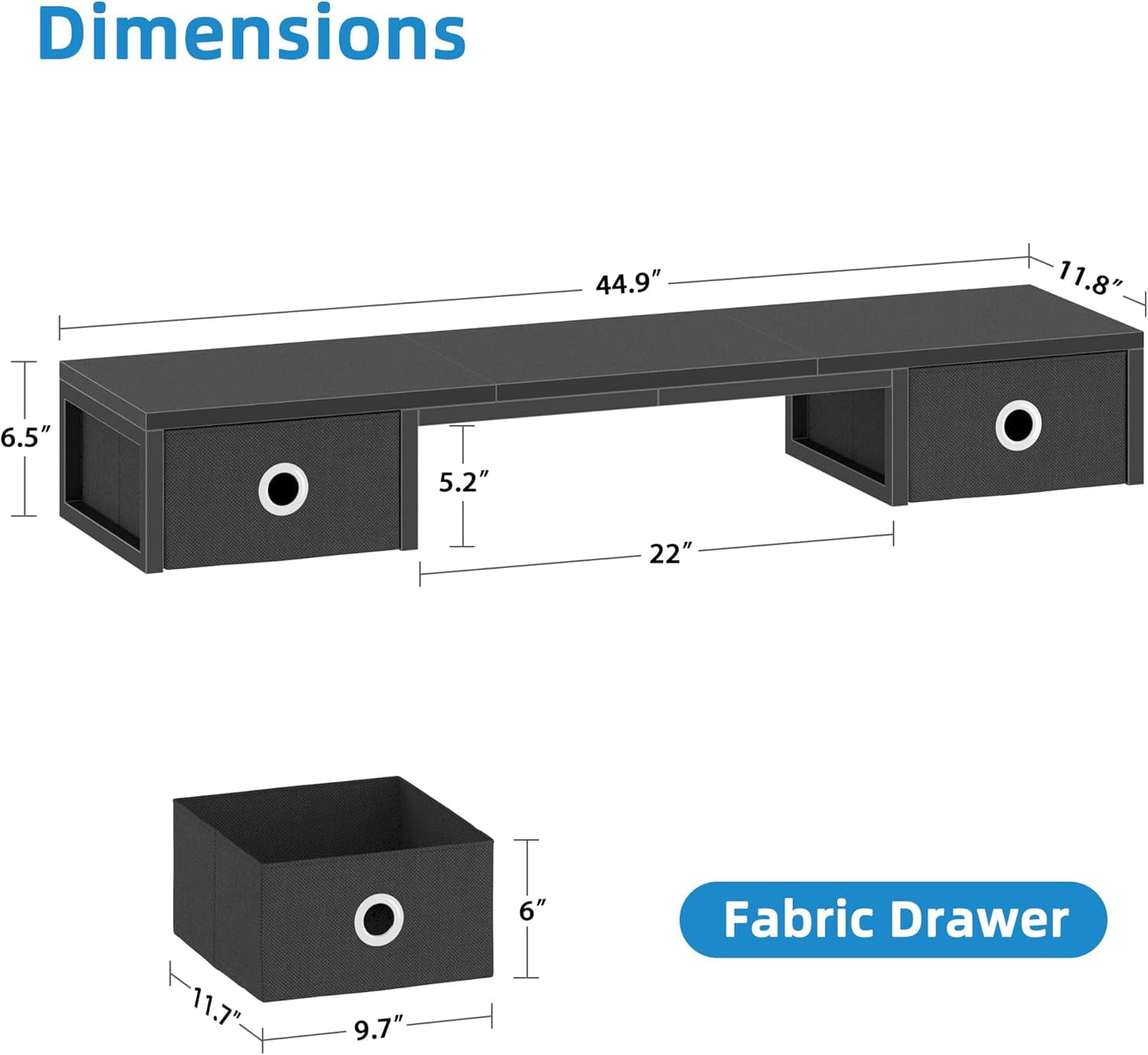 45 Inch Large TV Riser Stand with 2 Fabric Drawers, Steel Frame Monitor Shelf for 32-60 inch TV, Dual Monitor Stand with Open Storage for Home Office Living Room, Black