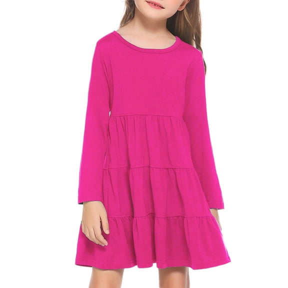 Arshiner Girls Long Sleeve Dress Fall Cotton Crewneck Tiered Ruffle Swing Solid Casual Midi Dresses