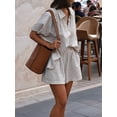 thumbnail image 4 of Women'S 2 Piece Summer Outfits Striped Short Sleeve Button Down Shirt and Shorts Matching Set Khaki S, 4 of 9