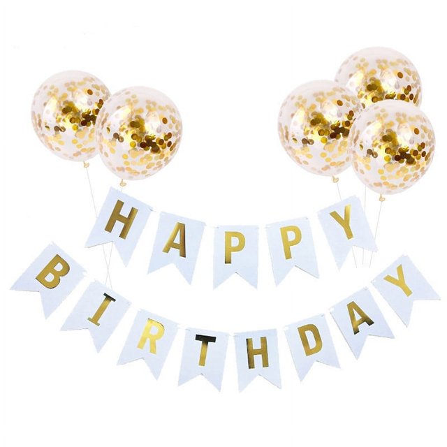 CHAO Pancarta de feliz cumpleaños – Blanca con 5 globos de confeti dorados – Ideal para todas las edades