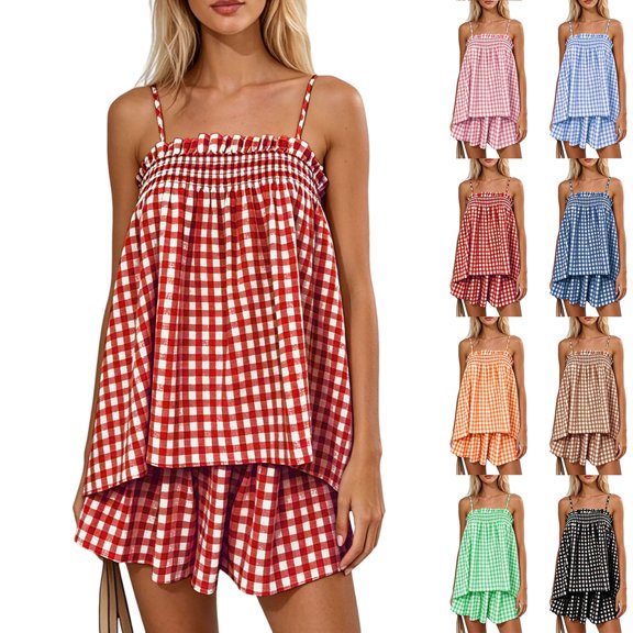 DYTTDG Women's Plaid Smocked Camisole Top and Wide Leg Shorts Set Summer Casual Beach Daily Vacation Boho 2-Piece Outfits