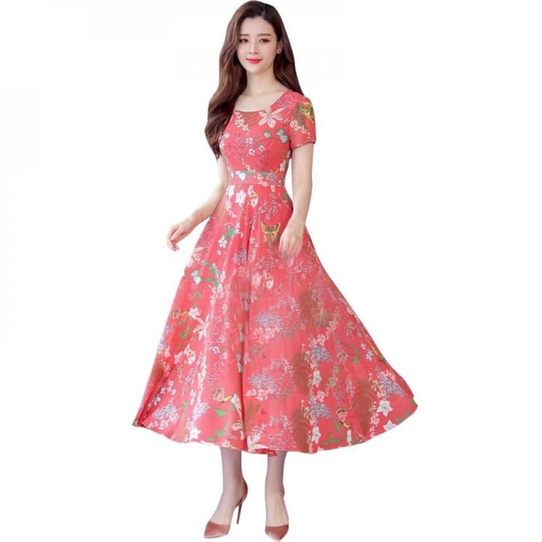 Sonbest Vestido largo floral de verano Mujer Estampado de flores Casual Vestido de cuello redondo Manga corta Oficina Damas Elegante Vestido de fiesta bohemio vintage Rojo S Inevent SH1104-186