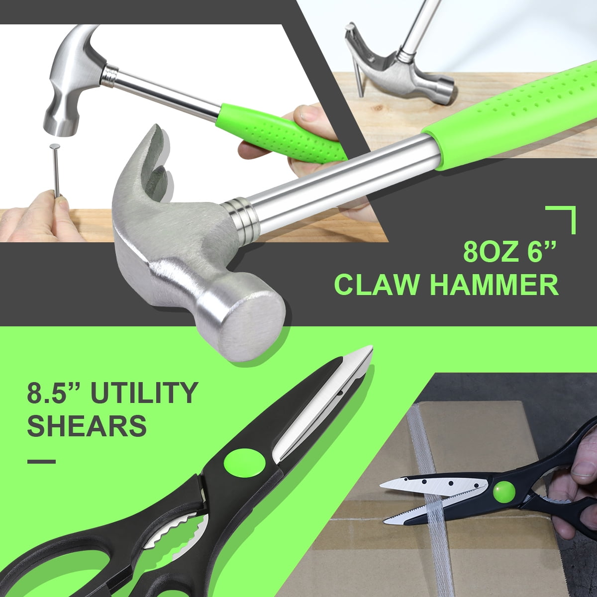 DNA Motoring 39-Piece Portable Tool Kit with Screwdriver, Pliers, Hammer, and Hex Set for Household Repairs, Green