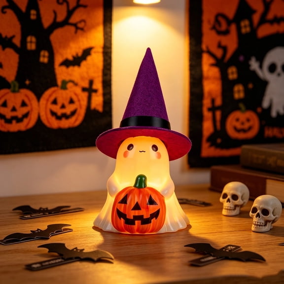 Halloween Night Light Ghost Figurine Warm Glowing Ornament Home Garden Tabletop Decor by OVFUIZ