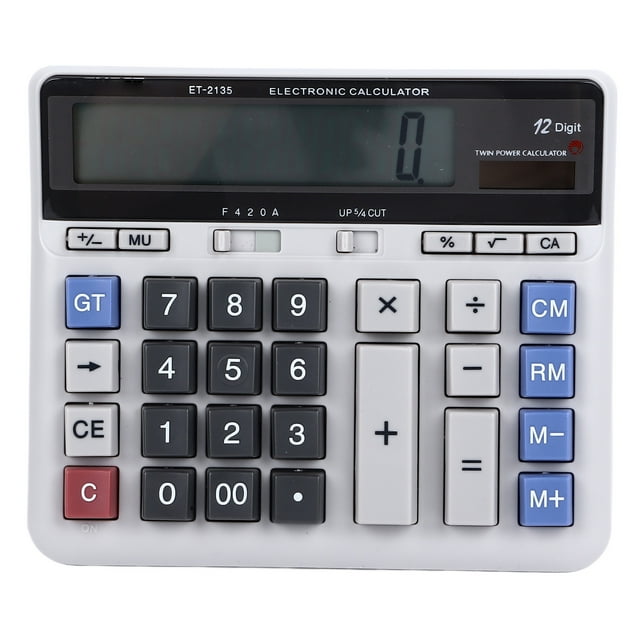 Calculadora solar de 12 dígitos con teclas grandes y pantalla clara. Calculadora de oficina para cálculos contables.