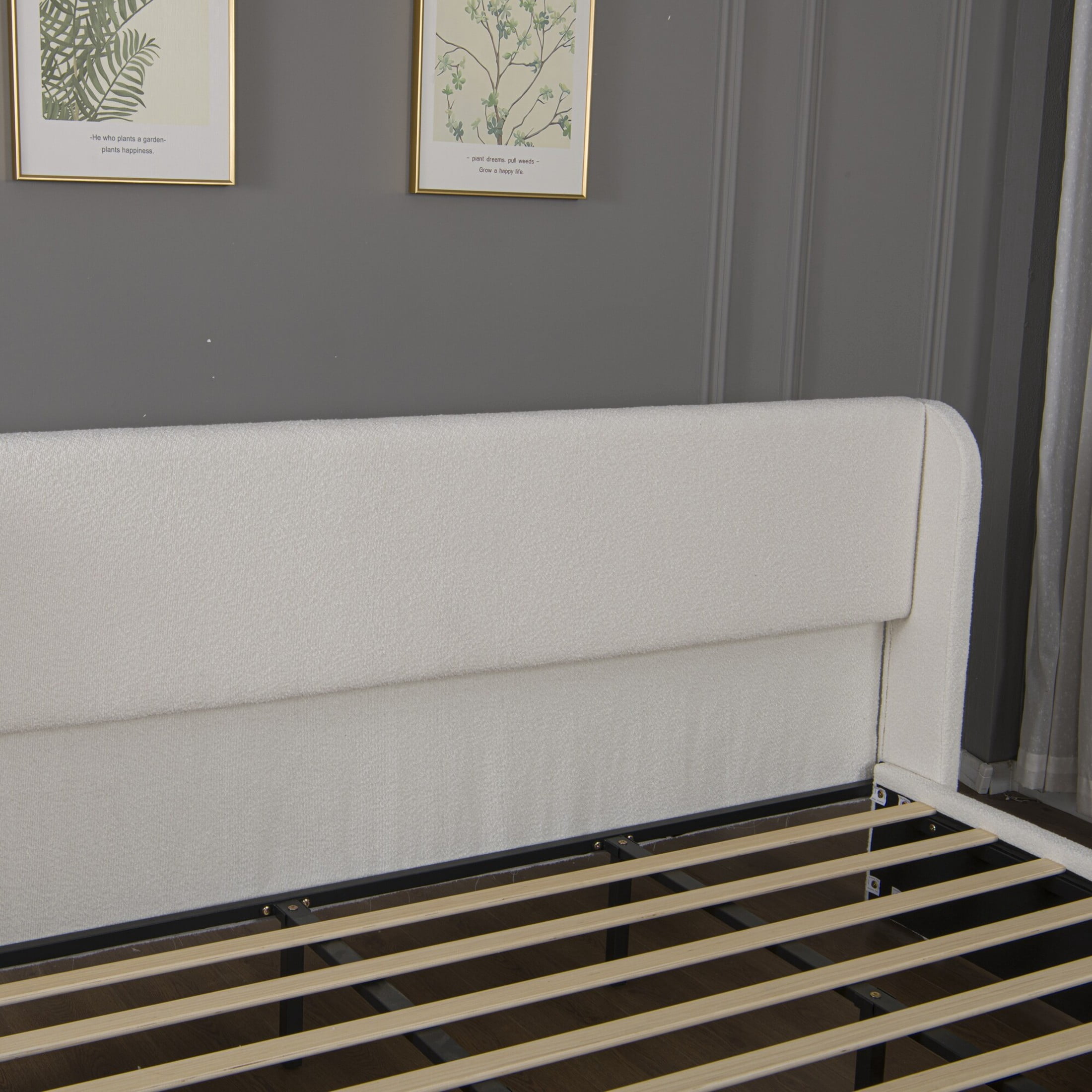Noble House Marcus Queen Boucle Bed Frame with Wingback Headboard, Upholstered Cloud Bed with Metal Slats, White
