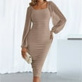 thumbnail image 2 of Cathalem Long Sleeve Wedding Dress Women's Long Puff Sleeve Ruched Bodycon Dress Square Neck Mesh Cocktail Party Midi Dresses (Beige,S), 2 of 8
