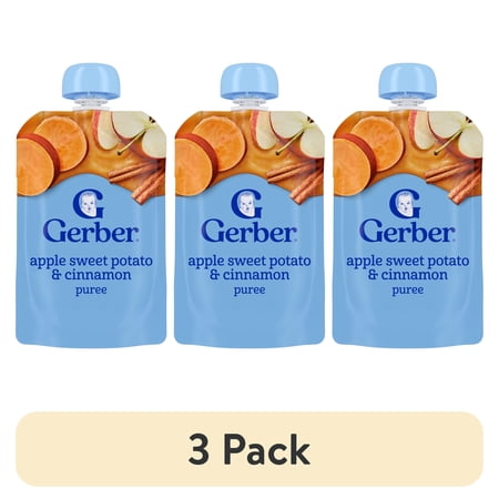 (3 pack) Gerber Stage 2 Baby Food, Apple Sweet Potato Cinnamon Puree Pouch 3.5 oz