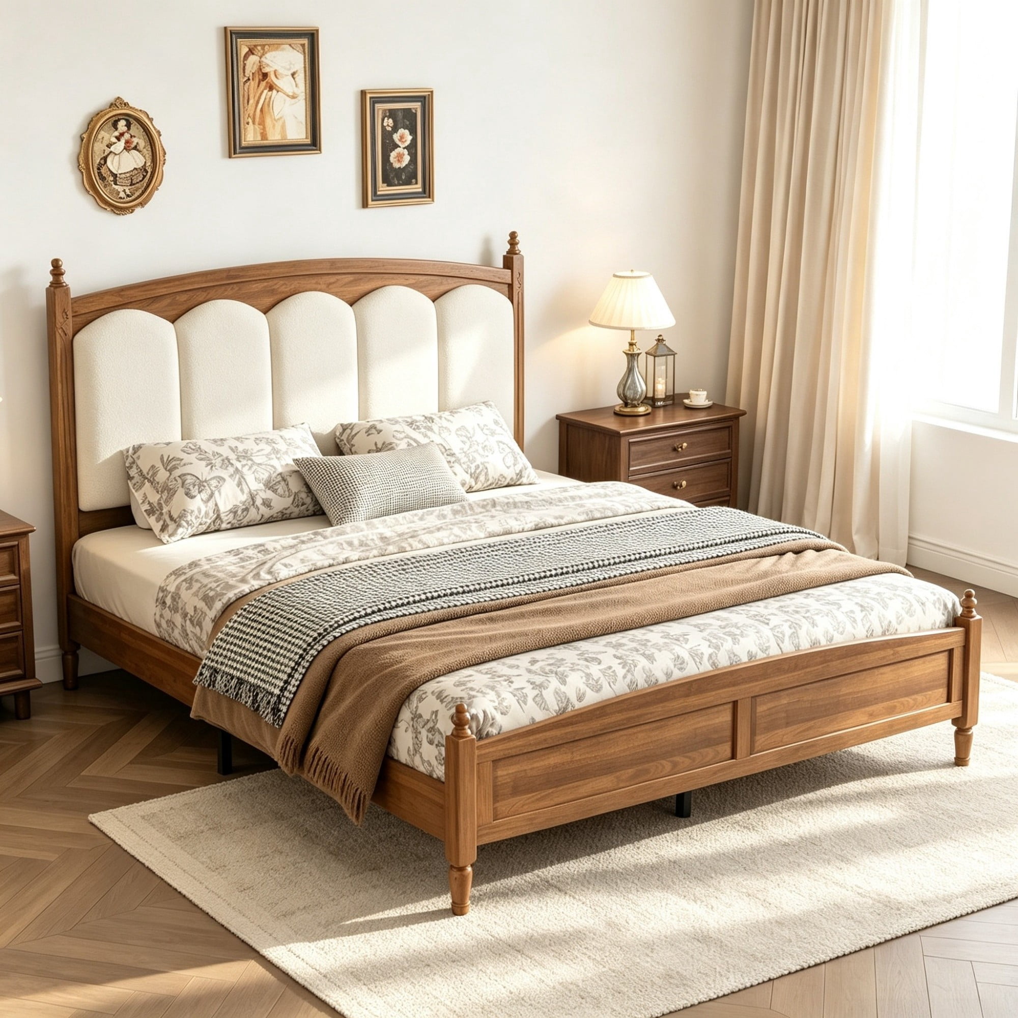 DEALTOPS Queen Size Platform Bed Frame with Boucle Upholstered Headboard, Wood Farmhouse Bed, No Box Spring, Brown