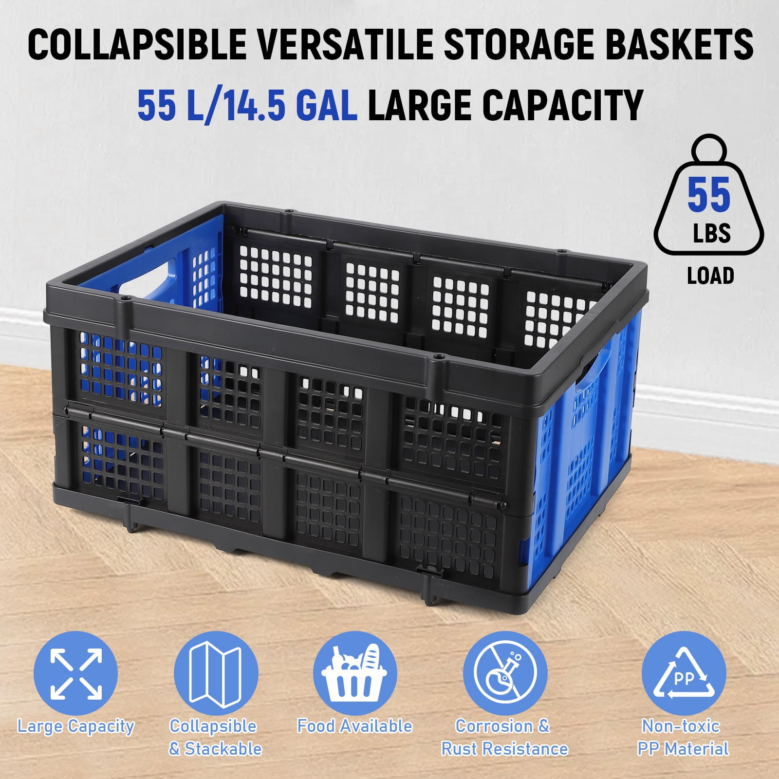 Heavy-Duty 55L Collapsible Plastic Storage Crate – Stackable, Collapsible Utility Bin with Handles – Multi-Purpose Organizer Basket for Home, Office, Garage, Kitchen, Study Room – Blue