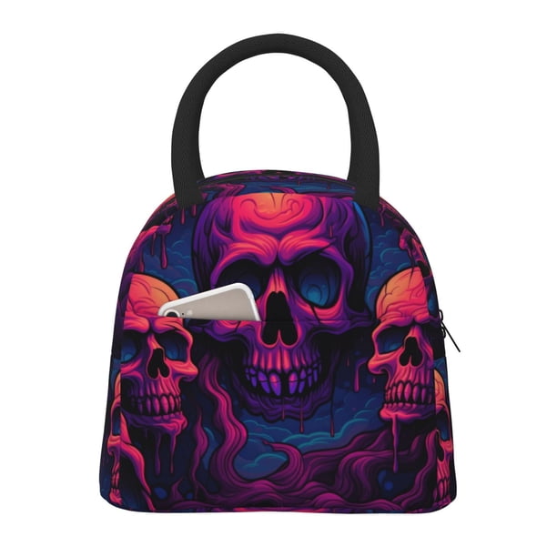 Balery Purple-Red Skull Bolsa de Almuerzo para Mujeres, Caja de Almuerzo, Bolsa de Almuerzo Pequeña Impermeable, Tote de Almuerzo Reutilizable con Gran Capacidad