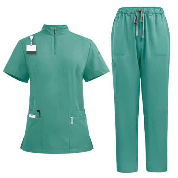 Women Scrub Sets 2 Pieces Solid Hand Wash Short Sleeve Top and Long Pants Nurse's Outfit Set with Pocket