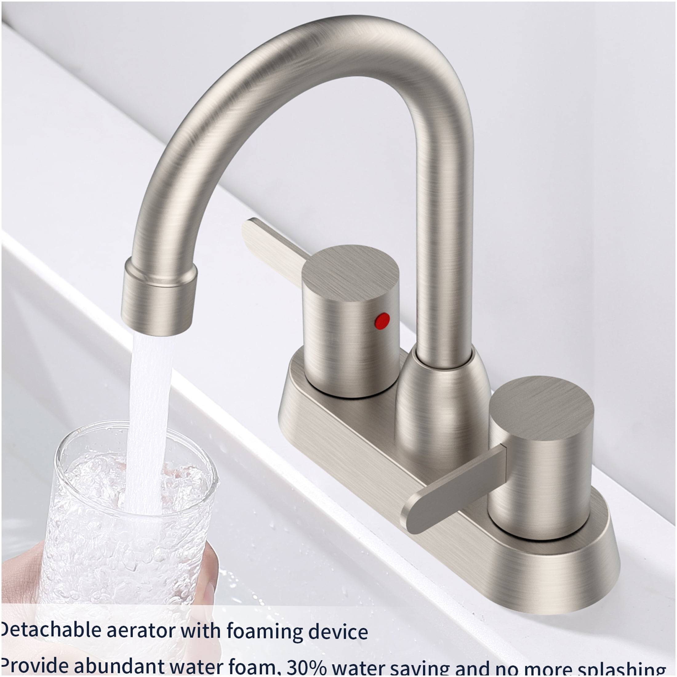 JERFIT Brushed Nickel Centerset Bathroom Sink Faucet, 2 Handle 3-Hole Deck Mount RV Lavatory Faucet, Easy Install Solid Brass Construction