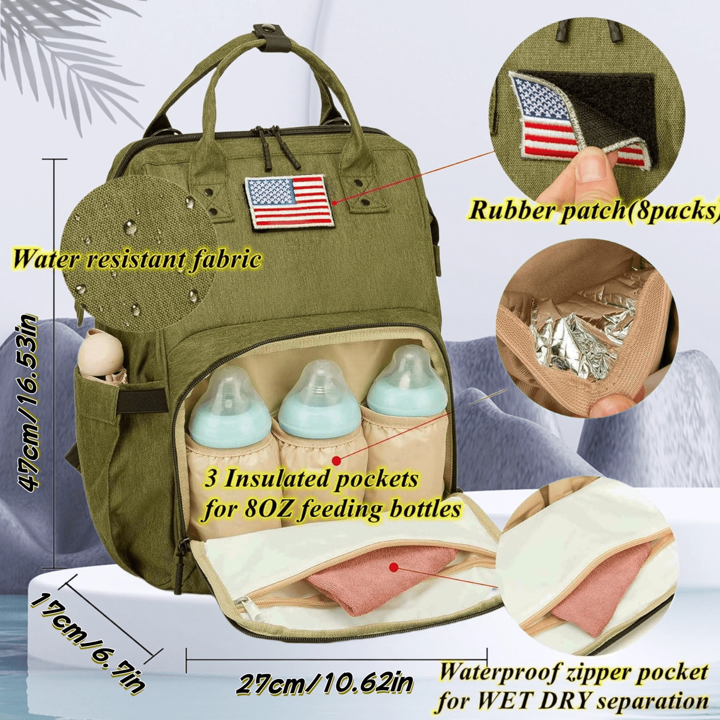 Diaper Bag Backpack for Dad and Mom with USB Charging Port Stroller Straps and Insulated Pocket,army military Travel Nappy Backpack for daddy mommy (Green)