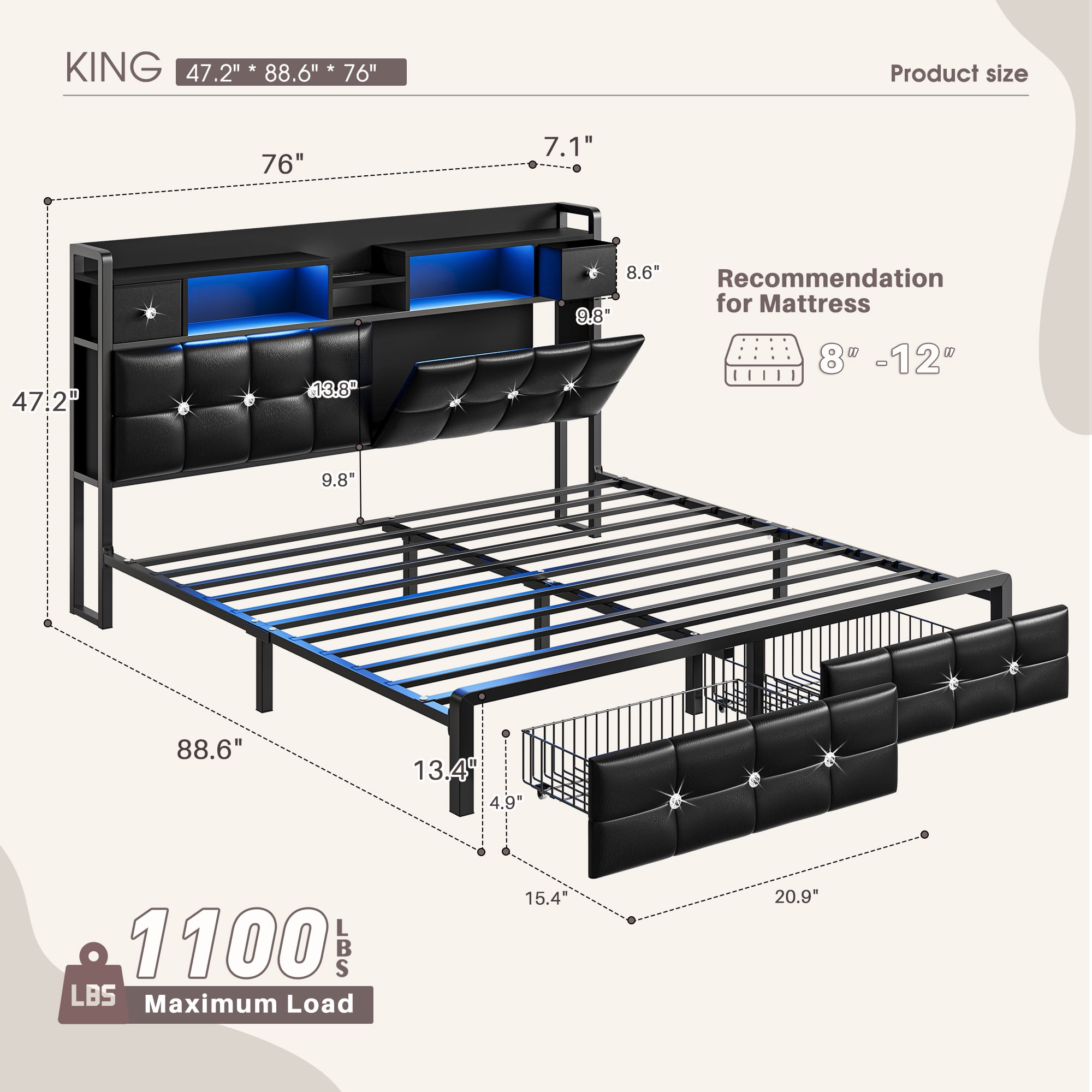 EnHomee Bed Frame with 2 Drawers King Size Bed Frame with Headboard & LED Lights Bed Frame with Storage & Headboard Drawers，Black