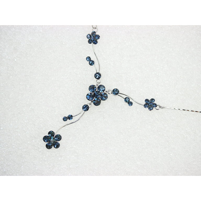 Vintage Gold Tone Navy Blue Rhinestones Flower Statement Necklace