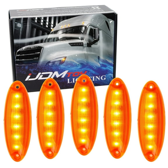 OEM-Spec 5pc Amber Lens 6-LED Front Raised Cab Roof Marker Light Assemblies For 2008-up Freightliner Cascadia Semi-Truck